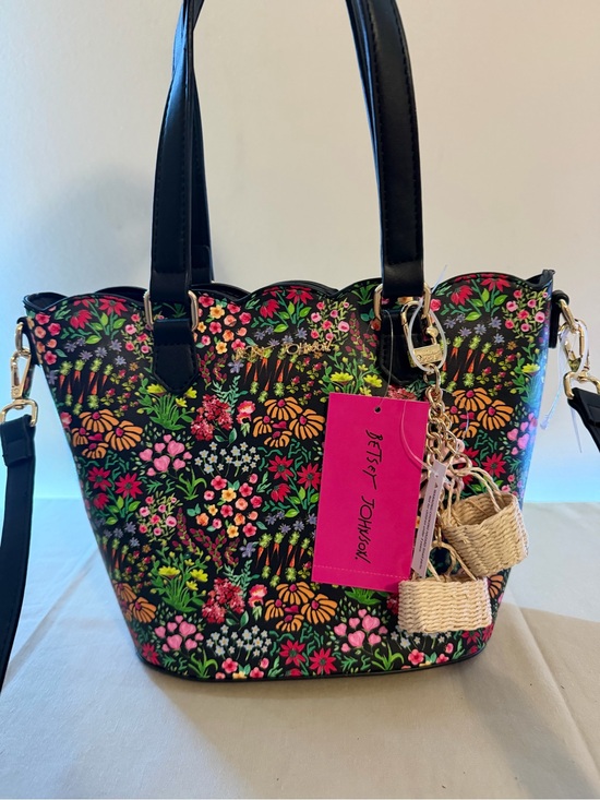 Betsey Johnson Handbags - Betsey Johnson Black Floral Tote with Multicolor Blooms and Charm